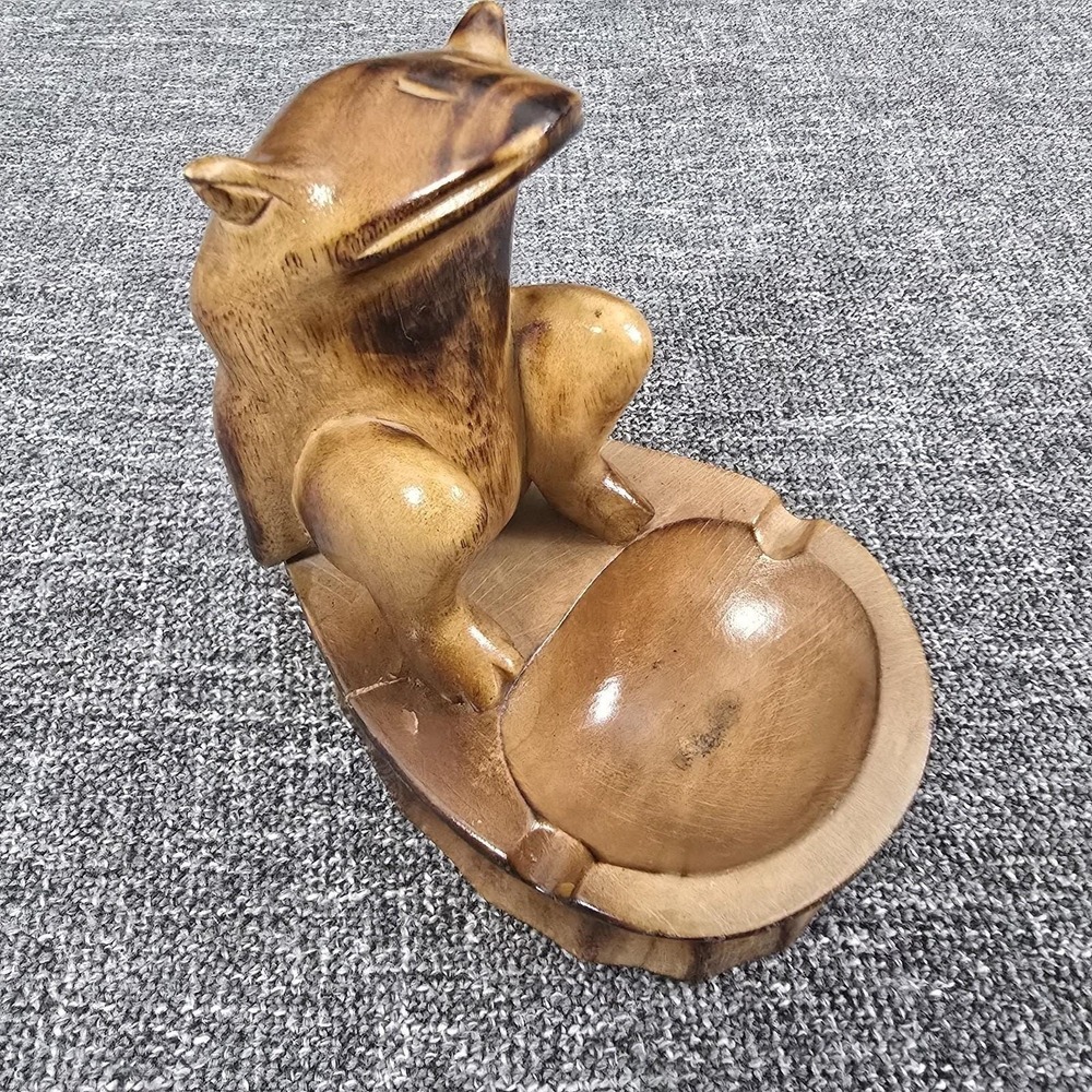 Vintage Hand Carved Wooden Frog Ashtray Rustic Folk Art Animal Figurine Decor